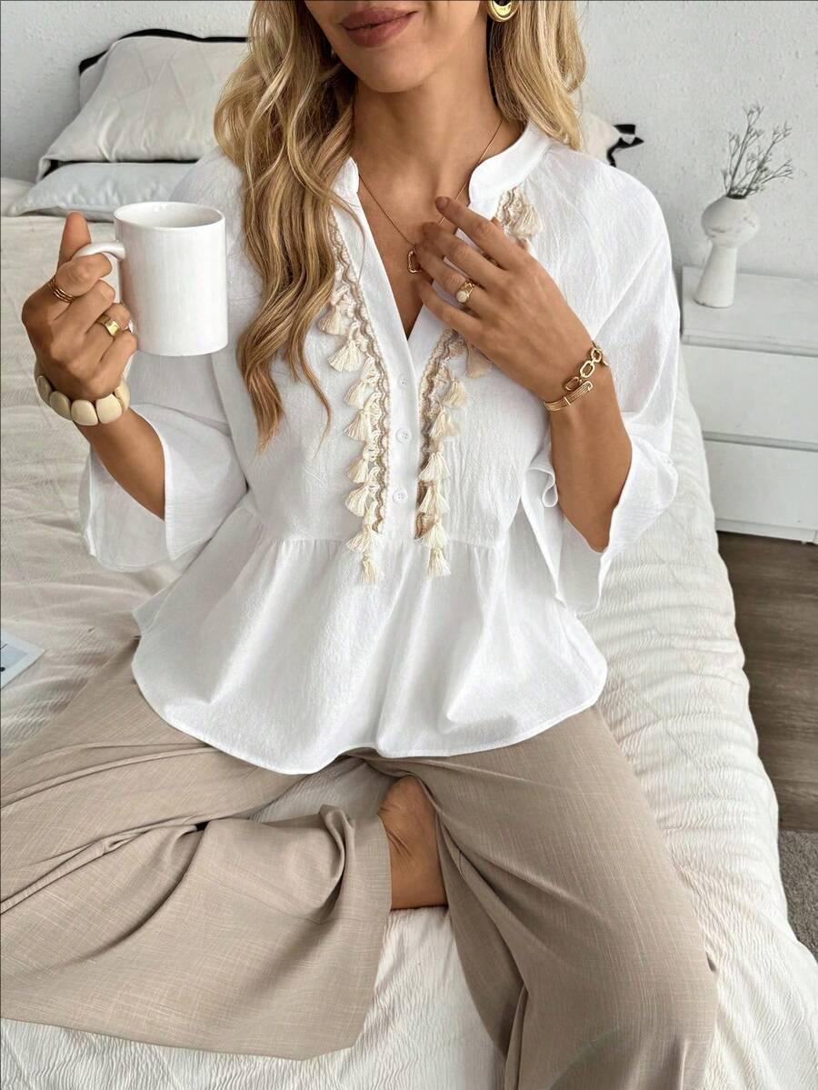 Womens Summer Solid V Neck Tassel Trim Blouse S белый