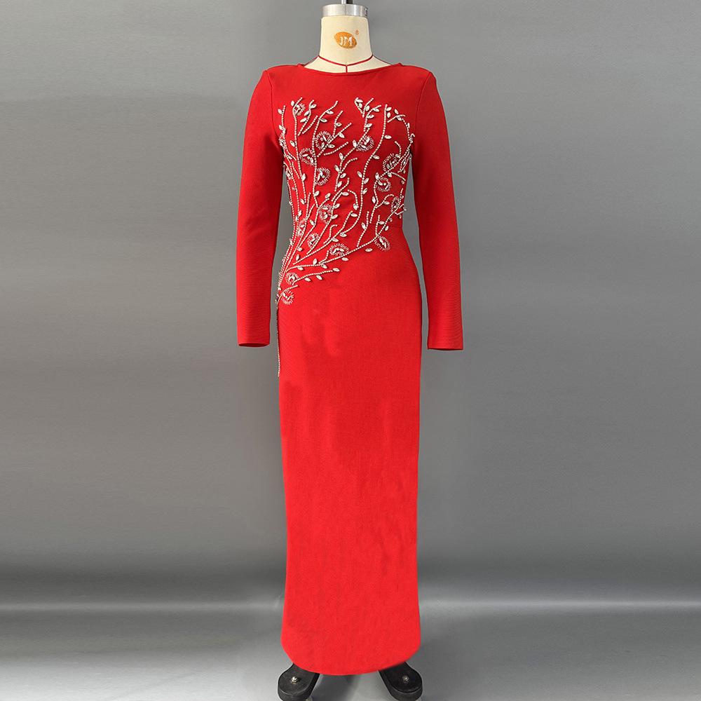 European Hand-Beaded Diamond Bodycon Long-Sleeve Banquet Bandage Dress