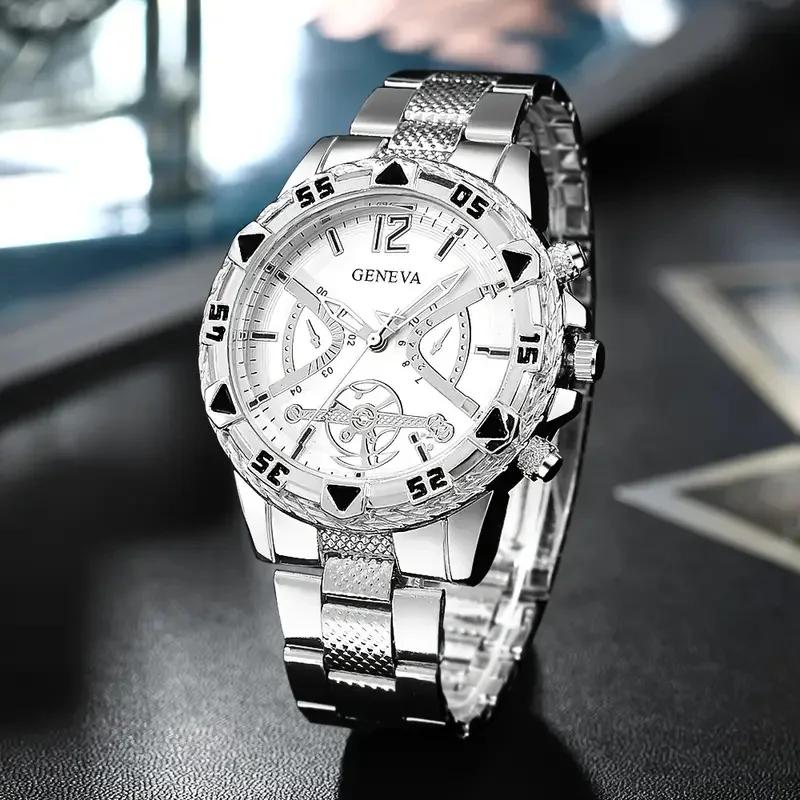 Luxury Men's Quartz Watch Classic Business Men Wristwatch Large Dial Alloy Steel Strip Blue Light Three Eye Men's Quartz Watch