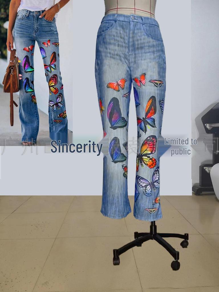 2023 Plus Size European & American Butterfly Faux Denim Micro-flare Pants