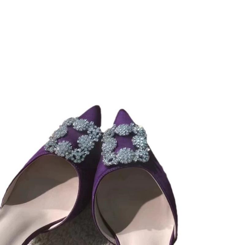 Sun Zhihui Summer New Sandals Rhinestone Pointed Square Buckle Bag Head Thin Heel High Heels Wear Half Drag Women