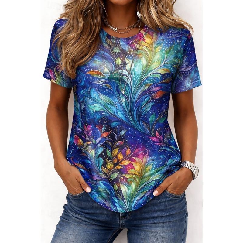Women's T Shirt Print Ombre Floral Graphic Stylish Classic Casual Short Sleeve Crew Neck Round Neck Regular Tops