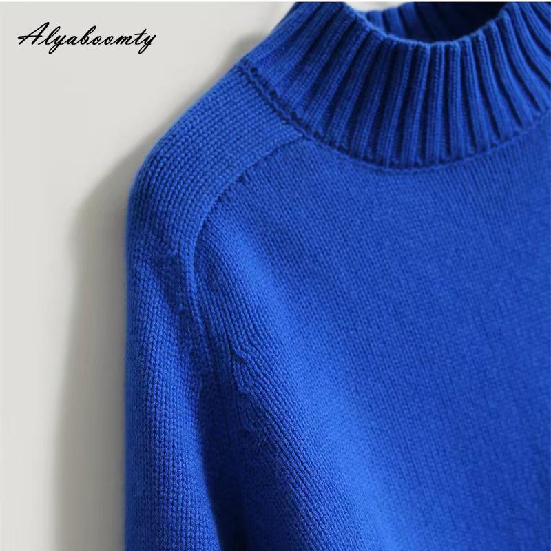 Korean Fashion Herbst Winter Frauen Casual Lose Pullover Halb Hohen Kragen Blau Beige Grün Gestrickte Pullover