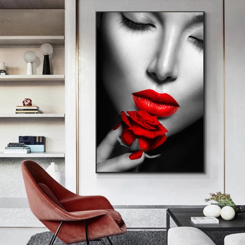 Rote Lippen und Rosen Frauenportrait Wandkunst Ölgemälde Druckgrafik Wohnzimmer