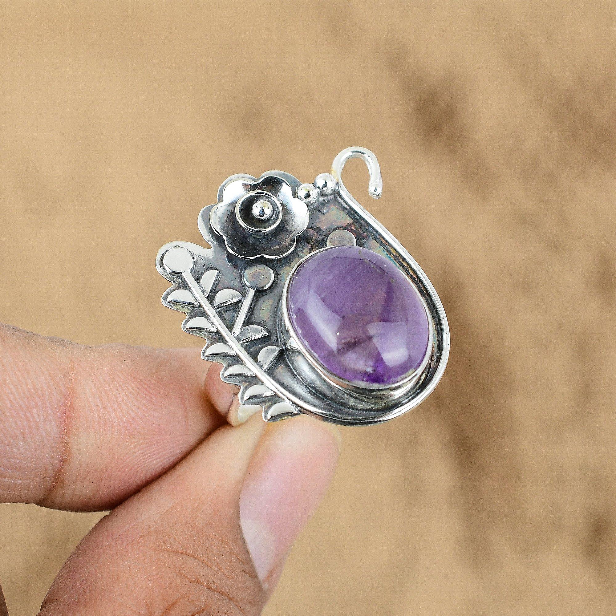 

925 Silver February Birth African Amethyst Gemstone Flower Ethnic Ring Jewelry Yes
