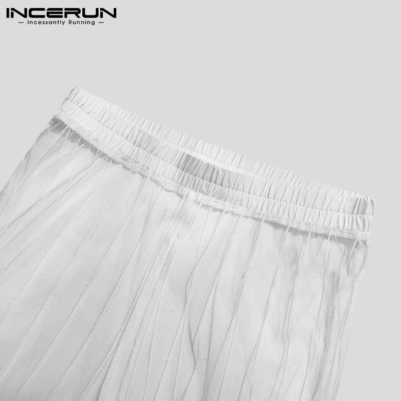 INCERUN 2PCS Summer Mens Fashion Sheer Mesh Long Sleeve Shirts & Long Pants Sets Slim Fit Party Loungewear S-5XL