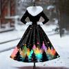 Women's Casual Dress Long-Sleeve V-Neck Patchwork Fleece Christmas Print Dress