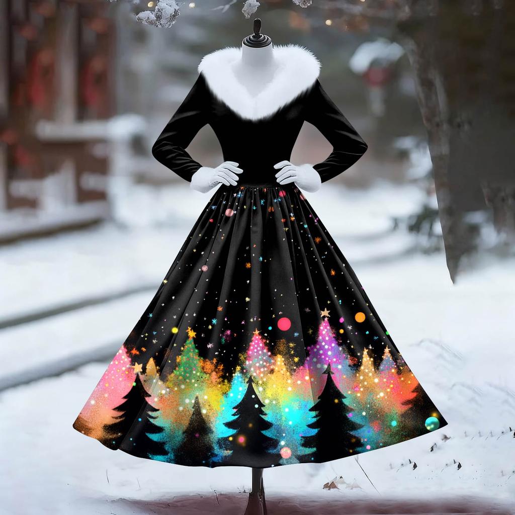 Women's Casual Dress Long-Sleeve V-Neck Patchwork Fleece Christmas Print Dress