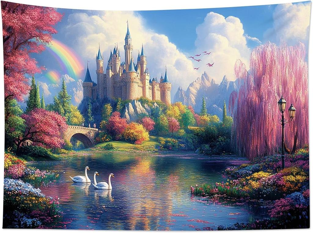 Fairy Tale Castle Wall Tapestry Pink Tree and Floral River Tapestry Wall Hanging Forest Mountain Nature Tapestries for Cla