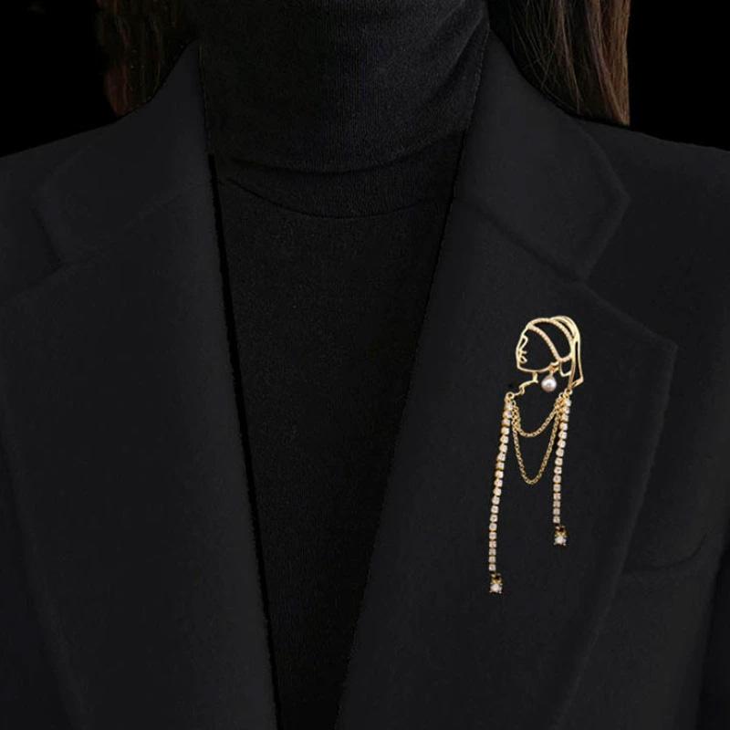 1PC Alloy Brooch Fashion A Girl Elegant Tassel Brooch For Women With Pearl Earrings Dress Collar Accesories Pins Jewelry