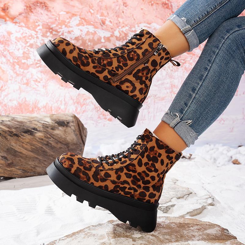 Lucyever Punk Leopard Print Combat Boots Women Fashion Chunky Thick Plush Ankle Boots Woman  Lace Up Platform Booties Mujer