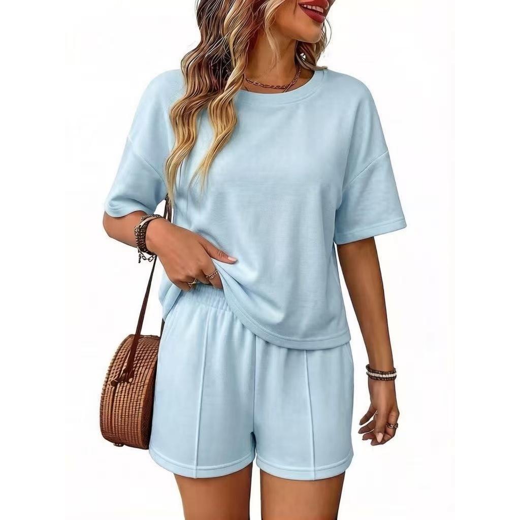 Women’s Relaxed Fit Short Sleeve Top and Shorts Two Piece Outfit Set for Casual Summer Wear Lounge and Daily Activities