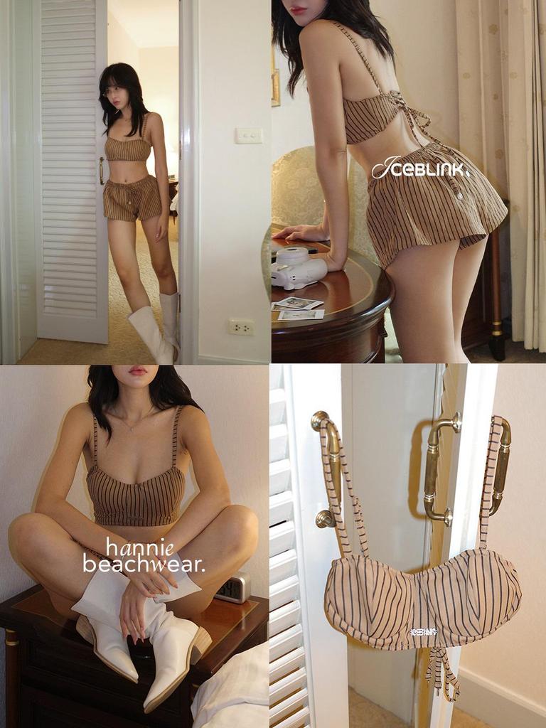 Bikini Fresco de Dos Piezas para Vacaciones en la Playa para Mujer: Top Bandeau de Tirantes y Shorts Sueltos