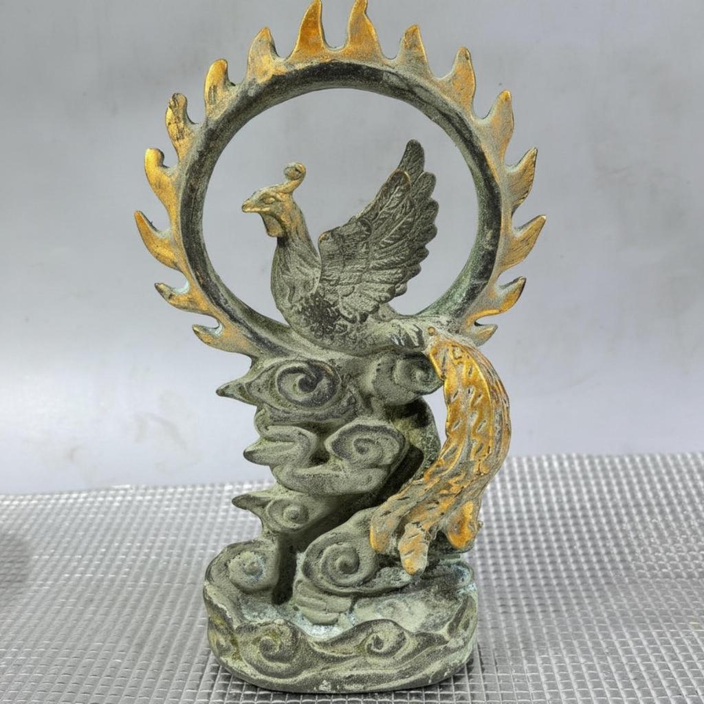 Mythical Bird Figurine with Mist Base AntiqueStyle Statue GoldenHuedToned