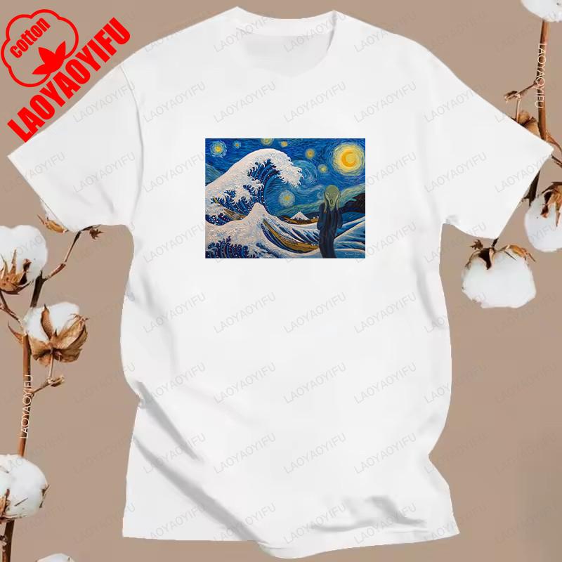 New The Great Wave on A Starry Night Cotton T Shirt Hokusai Great Wave Off Kanagawa Van Gogh Starry Night Oil Graphic T Shirts