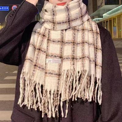 British Student Neck Warmer Winter Plaid Fleece-Like Cashmere Scarf Fringed Korean Style Versatile Thickened Warm Shawl