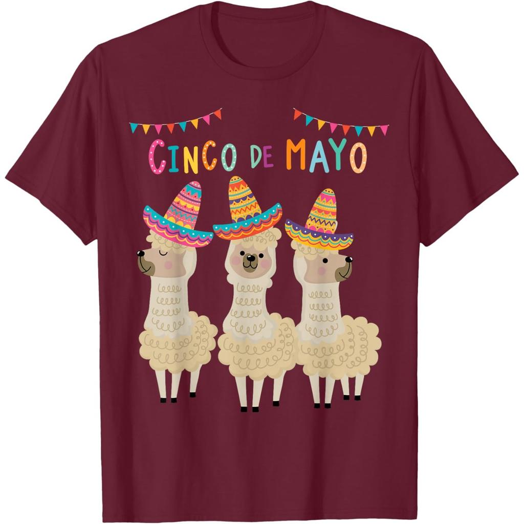 Cinco De Mayo Llama Sombrero Fiesta Graphic Print Cotton T-Shirt Casual Short Sleeve Tee