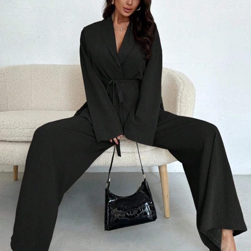 Damen 2-teiliges passendes Set Langarm-Oberteil mit Gürtel Weitbeinige Hose Business Casual Set Outfit