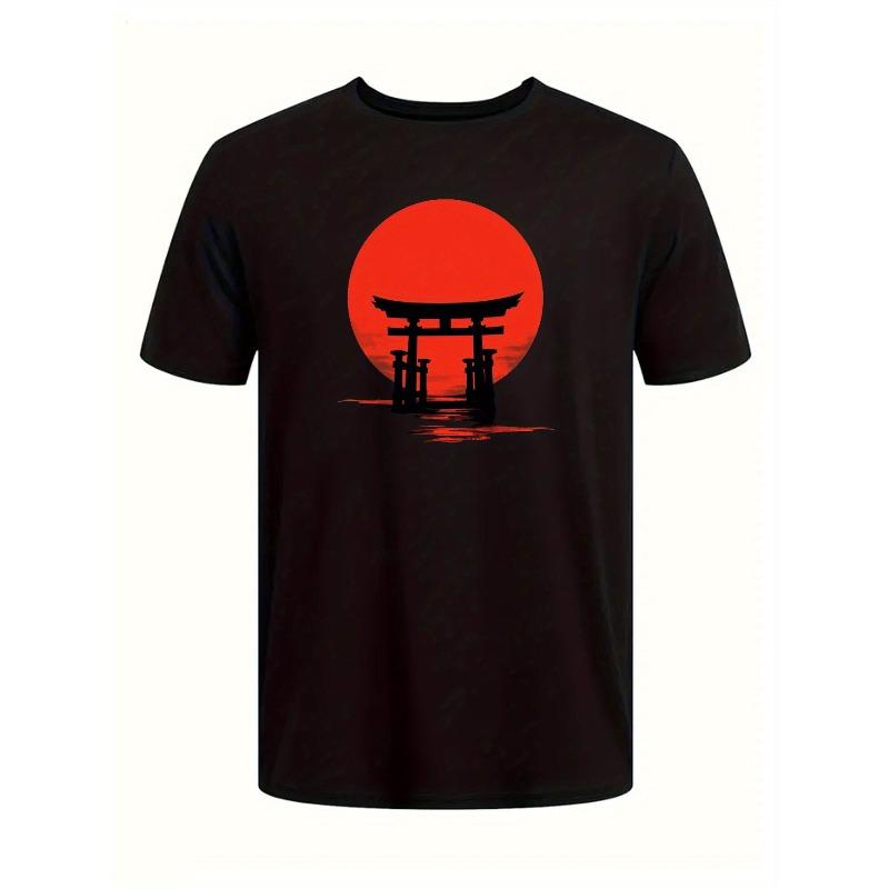 Men'S Casual Short-Sleeve Round Neck T-Shirt Featuring a Silhouette of a Japanese Torii Gate, Made from Micro-Elastic Knitted Fabric