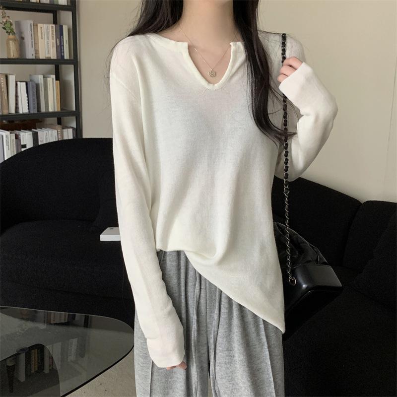 

Осенняя новая трикотажная футболка с V-образным вырезом и длинным рукавом, женская свободная утягивающая нижняя рубашка с ученическим топом Tide One size