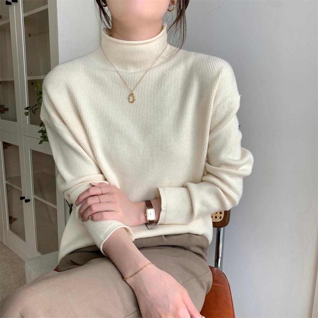 Solid-color Sweater Women's Fashion Korean-style Half Turtleneck Pullover Casual Loose Long-sleeved Knitted Sweater for Spring and Autumn