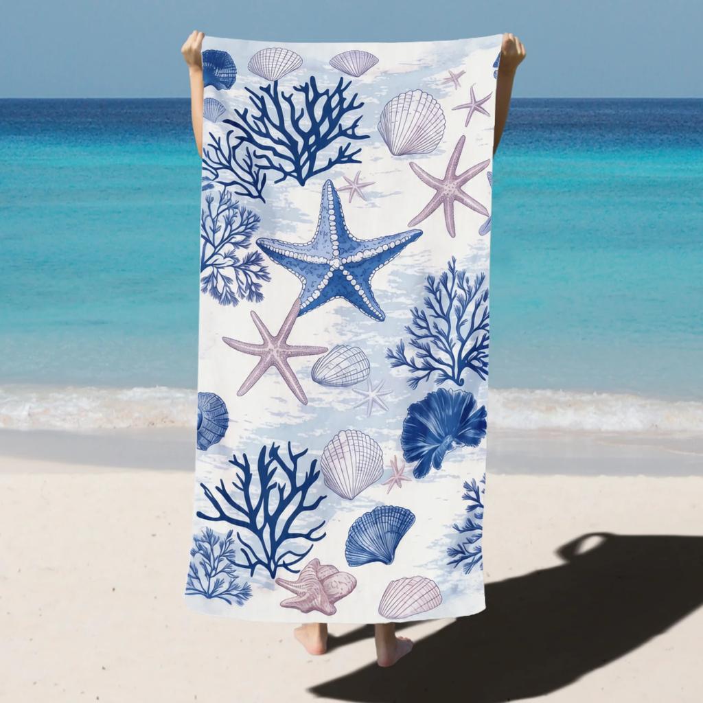 Fashion Blue Shell Pattern Beach Towel, Super Absorbent Printed Swimming Bath Towel, Multipurpose Essential For Beach Pool Daily