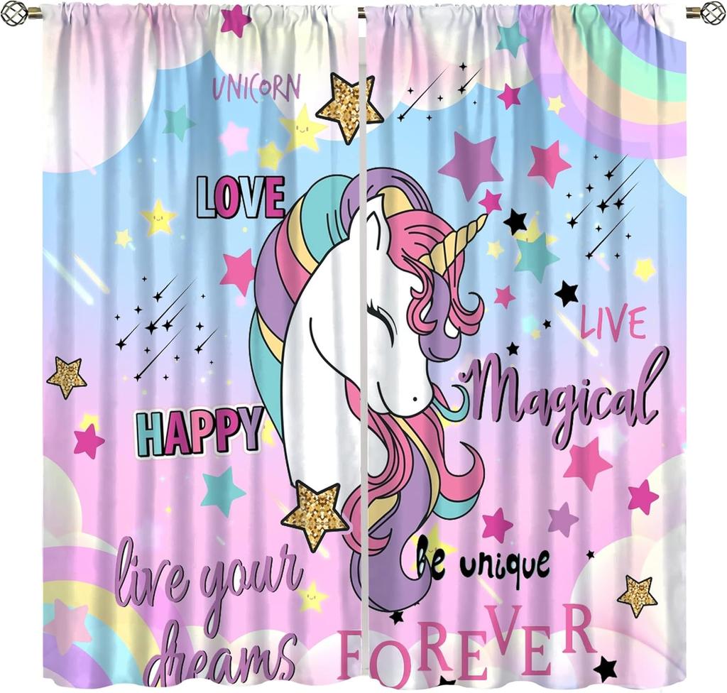 Unicorn Curtains Kids Room Colorful Cute Cartoon Rainbow Clouds Stars Print Window Treatments Drapes Curtain With Rod Pocket Polyester Perfect For