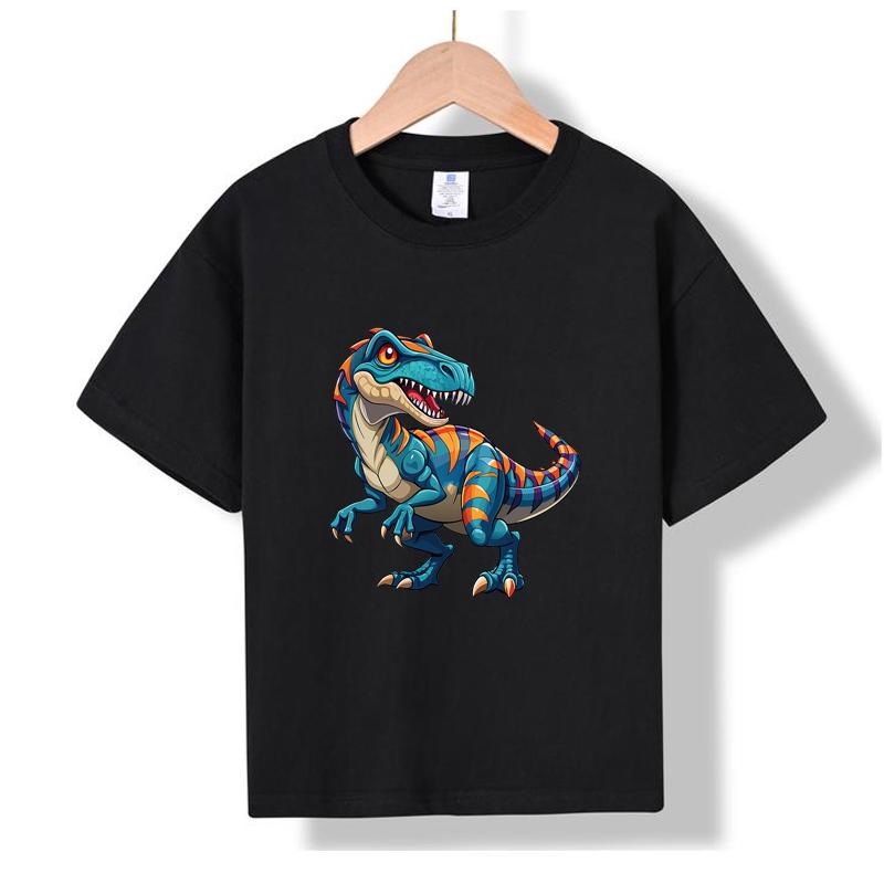 

MC-83 MINISO 2026 Summer Kids 100% Cotton Colorful Raptor Dinosaur T-Shirt 100