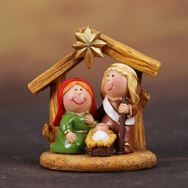 Cartoon Nativity Manger Scene Resins Miniature Figurines Christmas Tabletop Decors Ornament For Home Church Celebration
