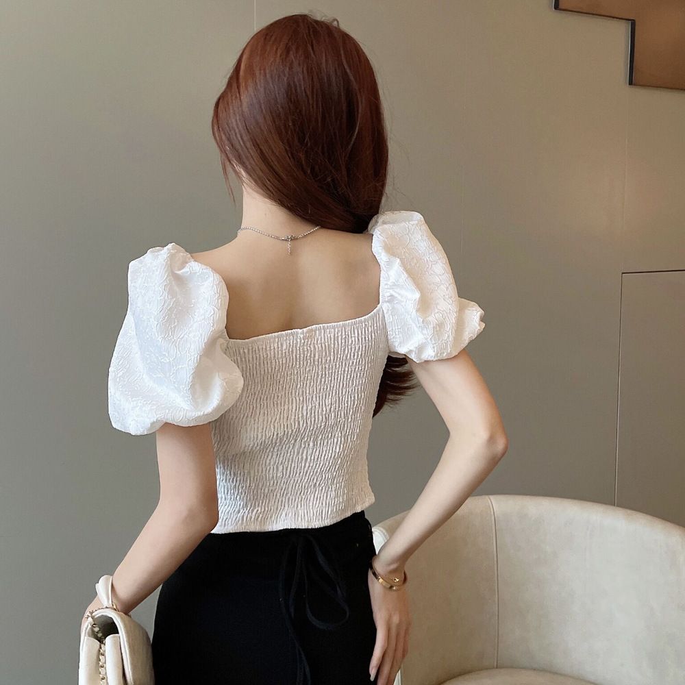Retro White Square Neck Bubble Sleeve Irregular Short Shirt Women's Summer Unique Top