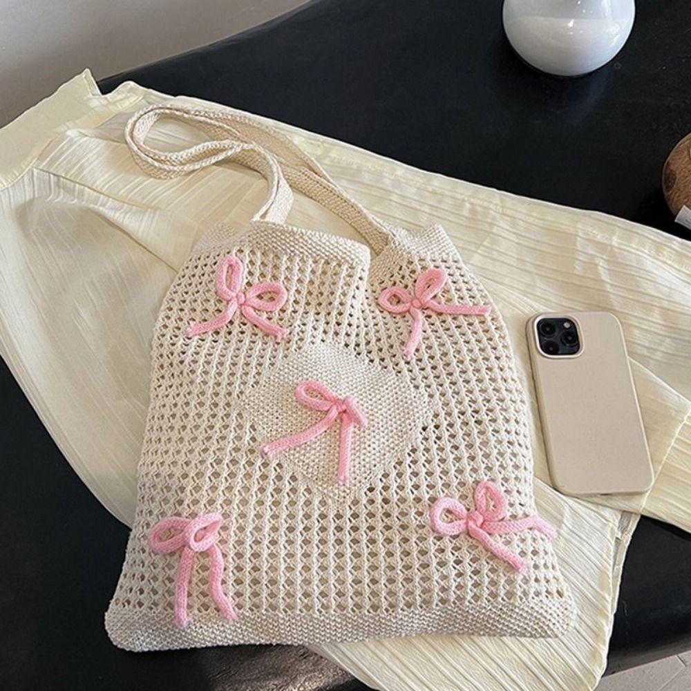Large Capacity Knitted Shoulder Bag Handmade Weaving Woven Underarm Bag Hollow Out Handbag  Picnic