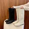 Cowhide Version~ Inner Height Increase French Beige Long Knight Boots Women's Boots Square Head Thin Boots Straight Fashion Boots