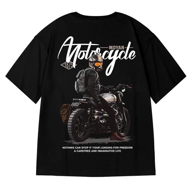 Motorcycle Boy T-Shirt Men Vintage 100% Cotton Short Sleeve Tops Tees 2023 American Hip Hop High Street Oversized T-Shirt 8XL