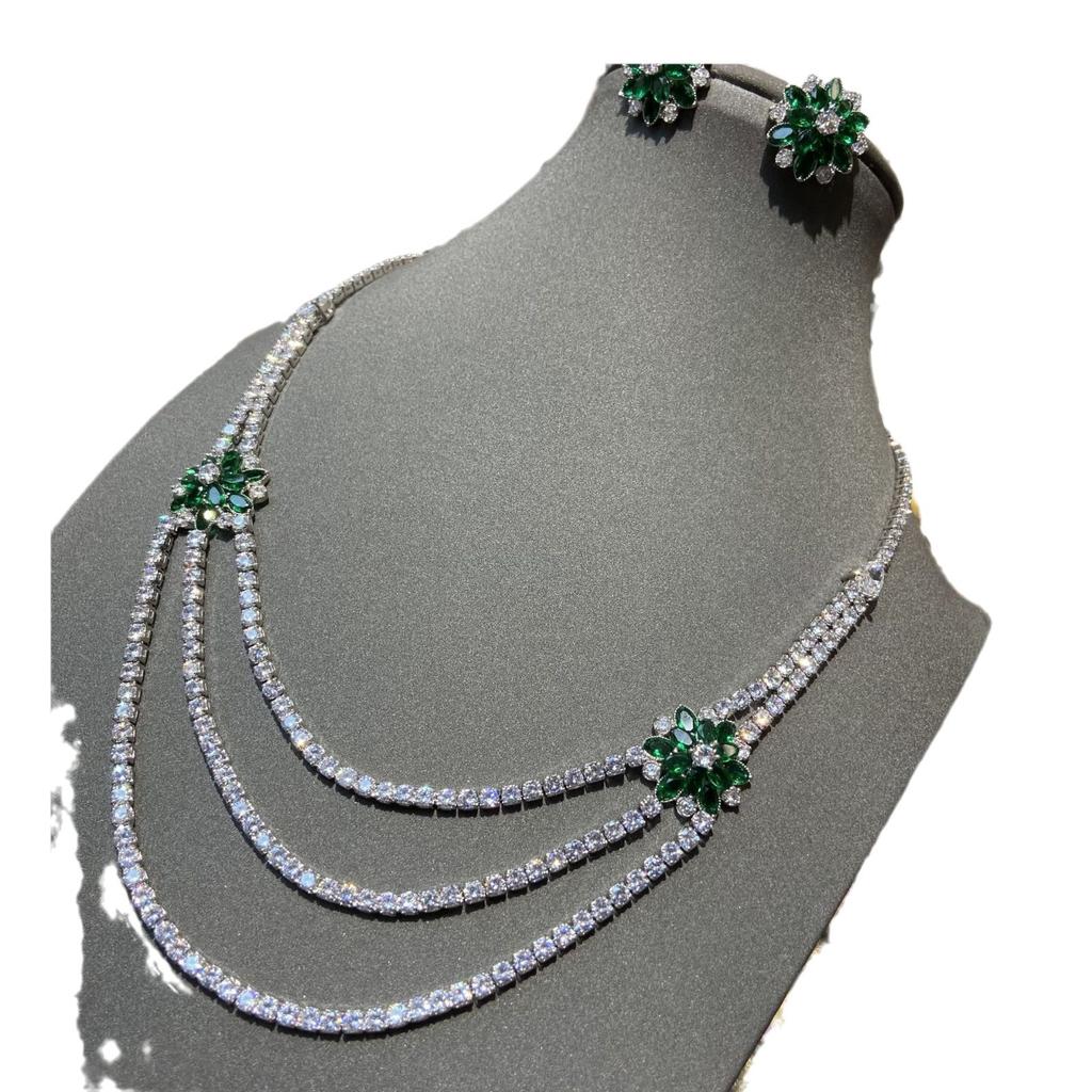 Internet Celebrity Double Layer Green Chrysanthemum Claw Chain Diamond Zircon Necklace Light Luxury Women Versatile Chrysanthemum Earrings Set