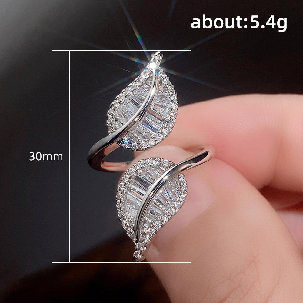 ZAKOL Luxury Leaf Adjustable Opening Rings for Women copper Color Bridal Wedding Crystal Cubic Zirconia Fashion Zircon