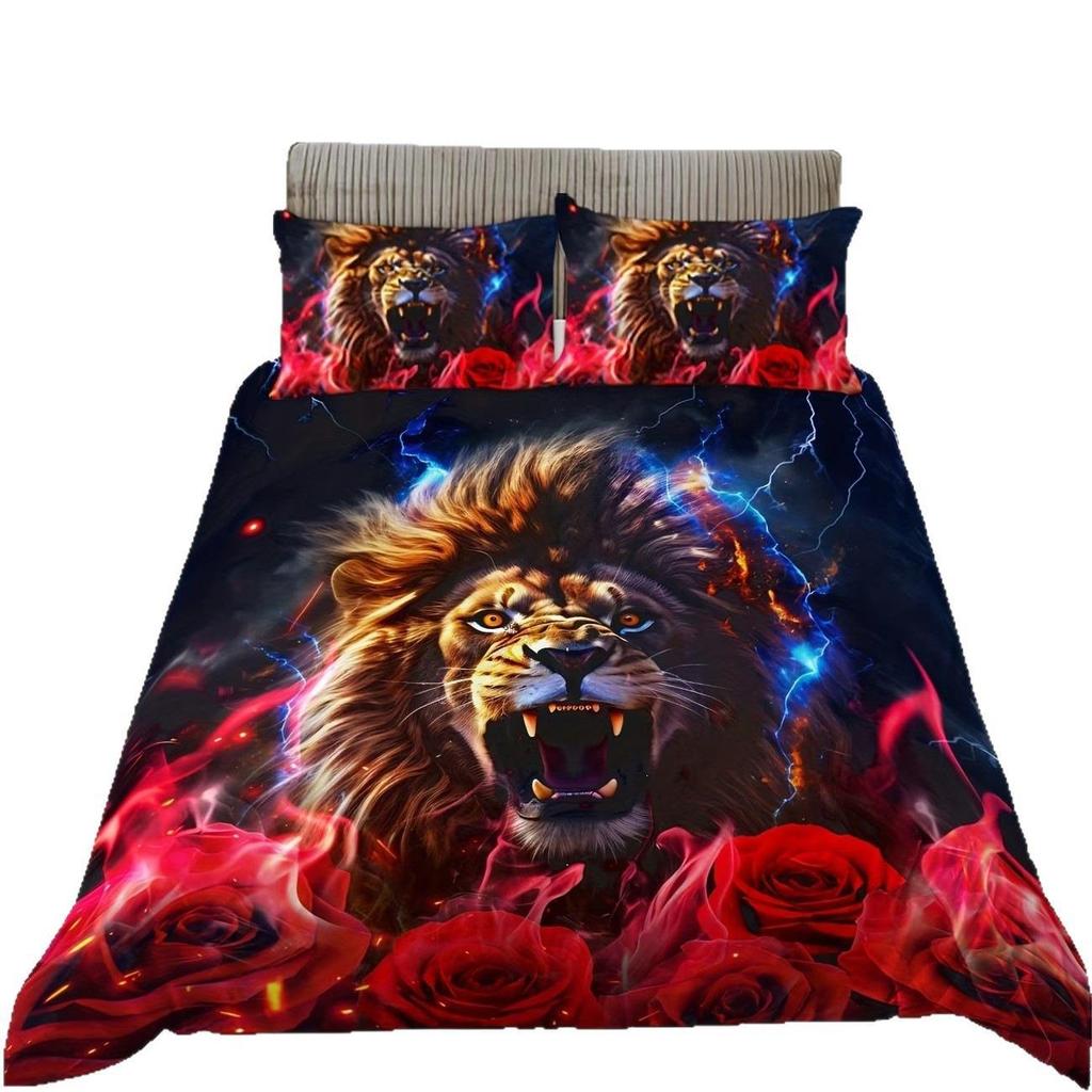 Cross-border Digital Lion Brushed Fabric Three-Piece Bedding Set