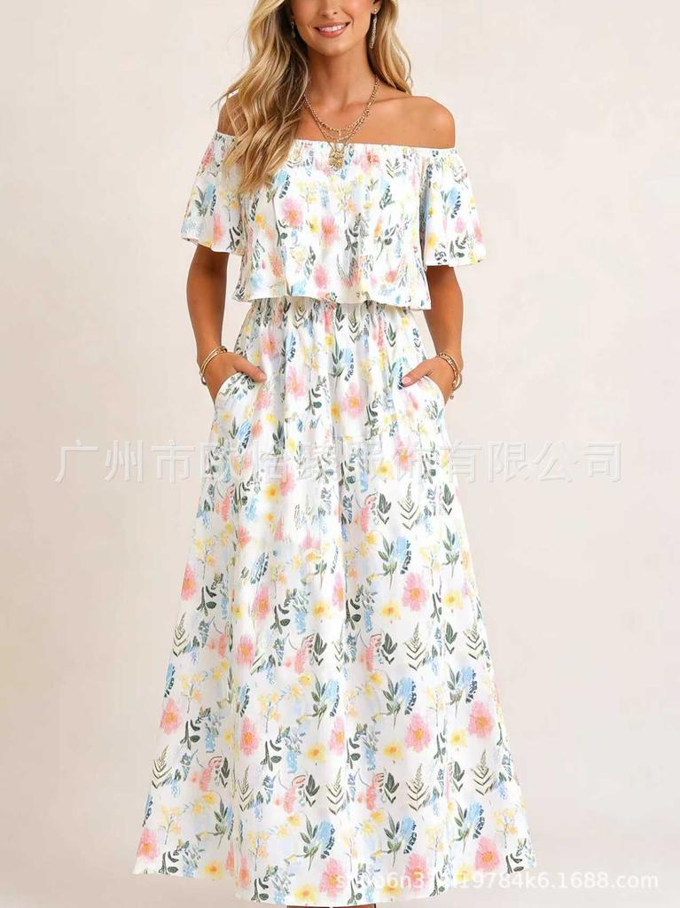 Summer new printed one-word shoulder short-sleeved long dress
