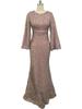 European and American spring and summer new fashion V-neck hip wrap sequins European and American dresses mid-waist horn sleeves long evening dresses