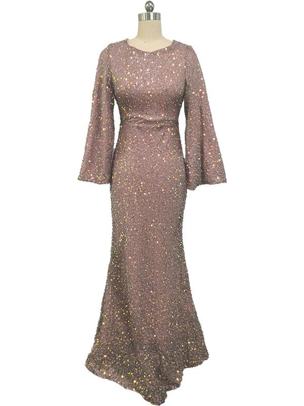 European and American spring and summer new fashion V-neck hip wrap sequins European and American dresses mid-waist horn sleeves long evening dresses