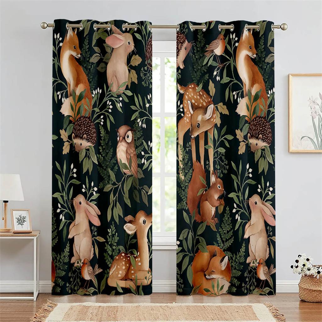 Cartoon Jungle Animals Kids Curtains Safari Zoo Print Window Drapes 2 Panels Nursery Bedroom Child Room Home Decor