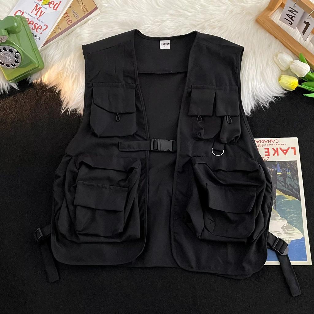 Gilet Donna Monocolore Tasche All-match Speciale Unisex Semplice Cool Stile Giapponese Tempo Libero Vintage Attraente Primavera Studenti Giovani