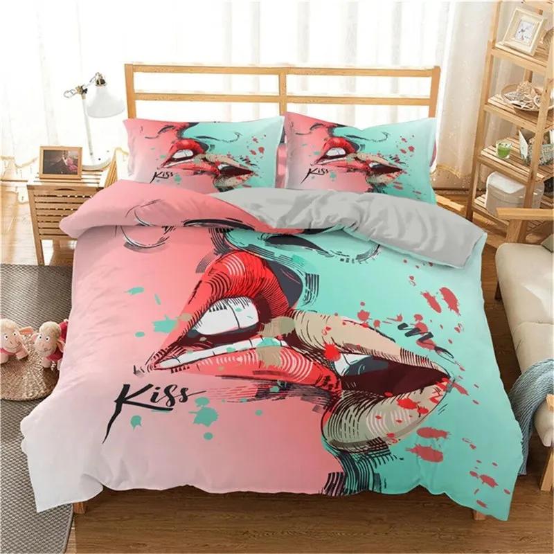 Housse de couette impression 3D Taille King Ensemble de literie Amour Motif Baisers Lèvres Housse de couette Décoratif Pour Femmes Filles Amoureux