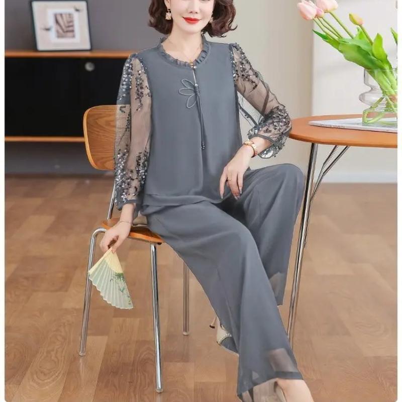 Set de ținută de primăvară pentru mamă, Top elegant pentru tineri, Set de vară din două piese pentru femei de vârstă mijlocie și în vârstă