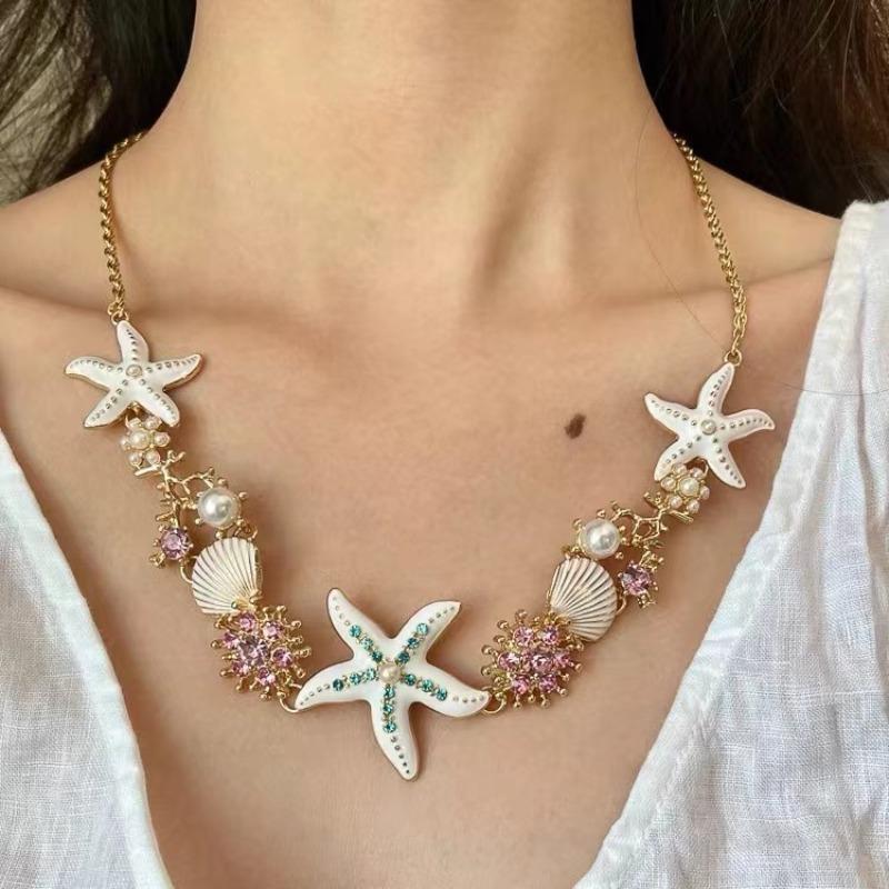 Exaggerated Color Sea Star Shell Necklace for Women - Beach Vacation Neck Chain, Collar Chain