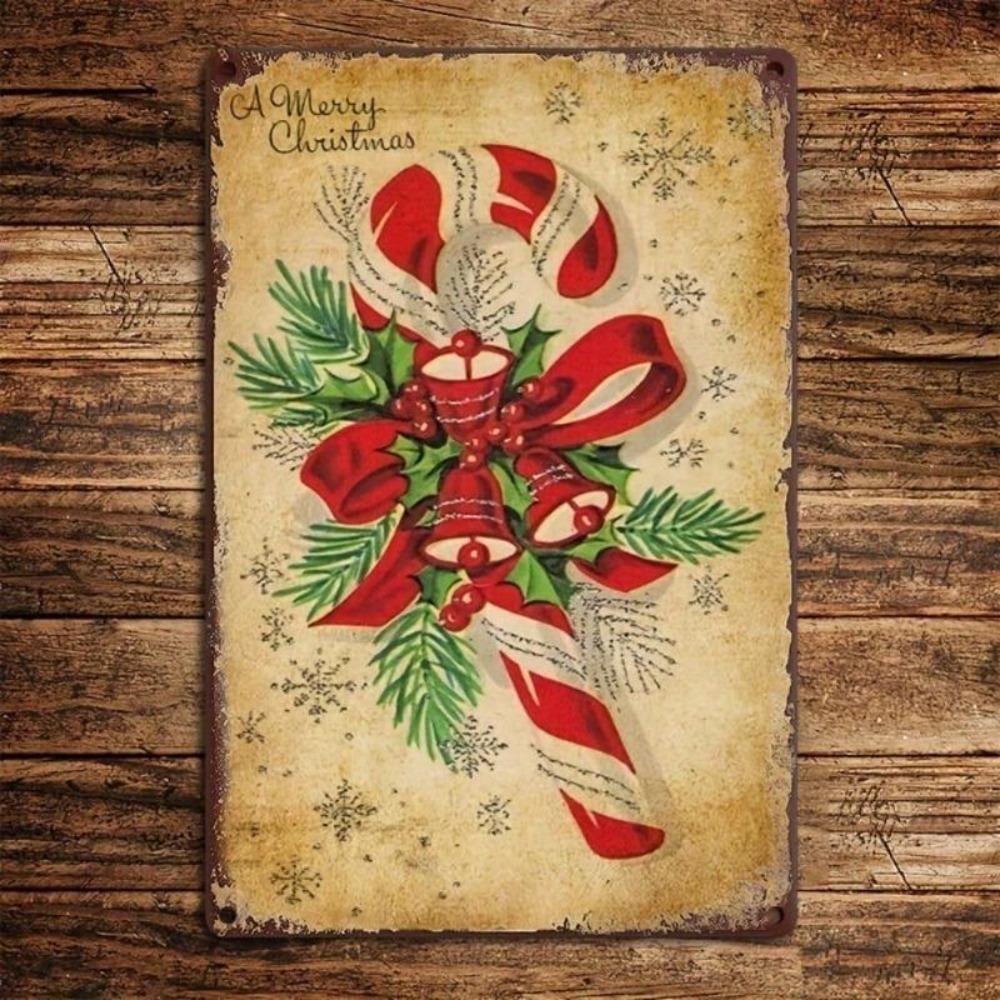 Vintage Christmas Iron Sign 12x8 Inch Candy Cane Holly Wall Decor Pre Drilled Hanging Weatherproof
