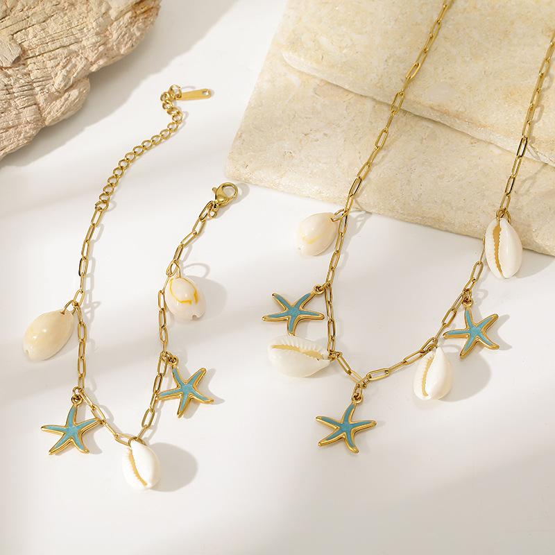 European and American vacation style starfish shell pendant 18K gold-plated necklace bracelet set light luxury niche design