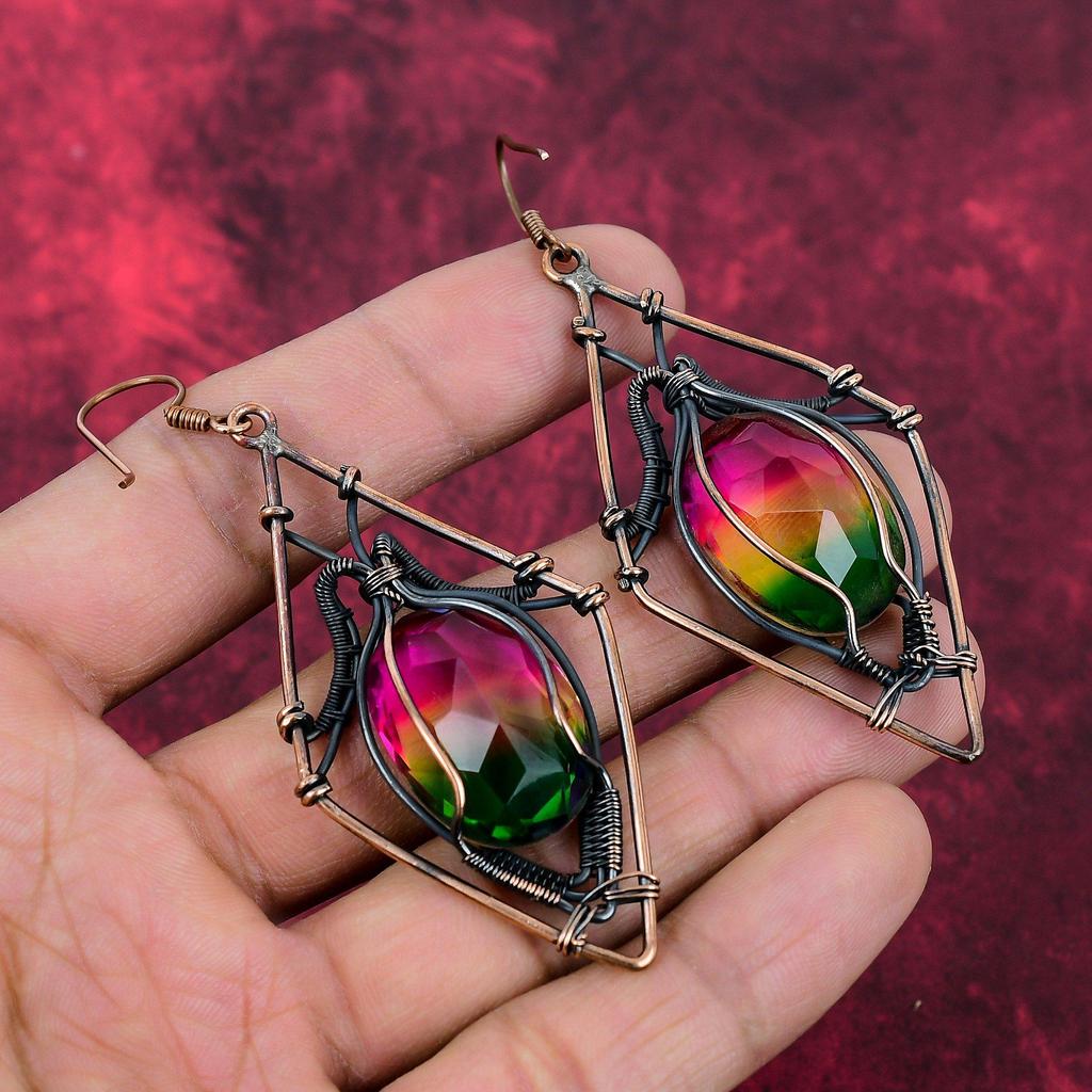 Faceted Multi Tourmaline Earring Copper Wire Wrapped Earrings Handmade Copper Jewelry Gemstone Earring Gifts For Women Wire Wrapped Jewelry