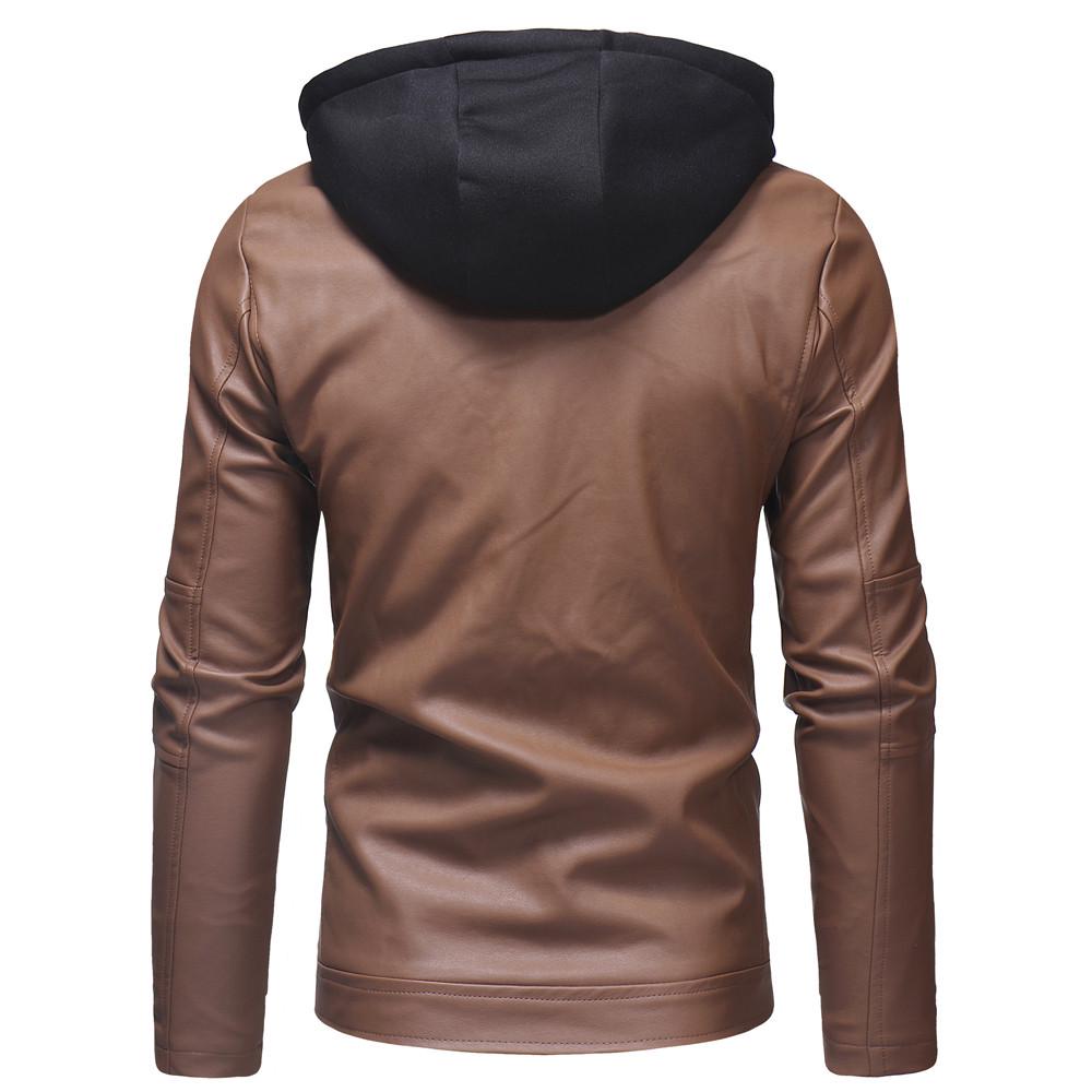 Men's Winter Casual Hooded Leather Zipper Long Sleeve Jacket Coat Tops