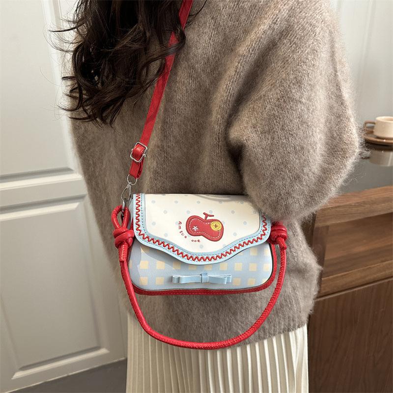 Cute Apple Plaid Patchwork Pu Shoulder Bags for Women Ctrast Color Sweet Bow Ladies Crossbody Bag Portable Girls Handbags