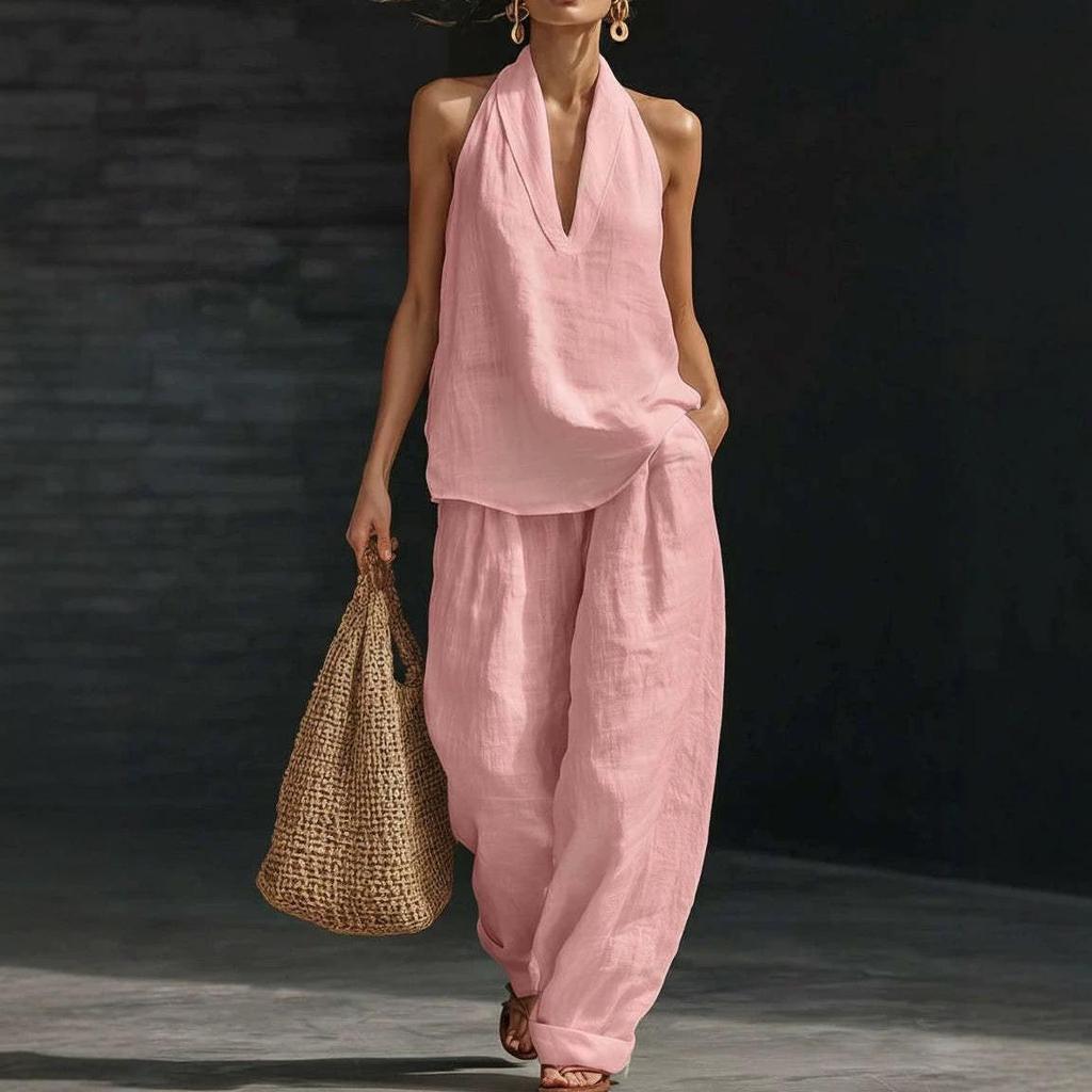 Plus Size Women's Halter V-neck Cotton Linen Blend Casual Two-piece Set